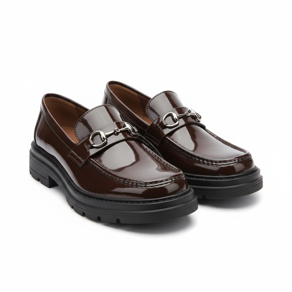 Men's dark brown patent leather chunky loafer with silver hardware - ghost mannequin pair view