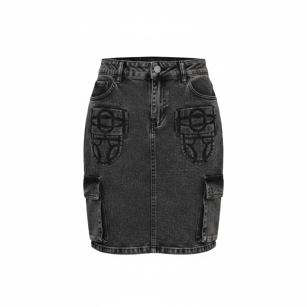 Ghost mannequin view of Women's Charcoal Acid-Wash Denim Mini Skirt with Embroidered Pockets
