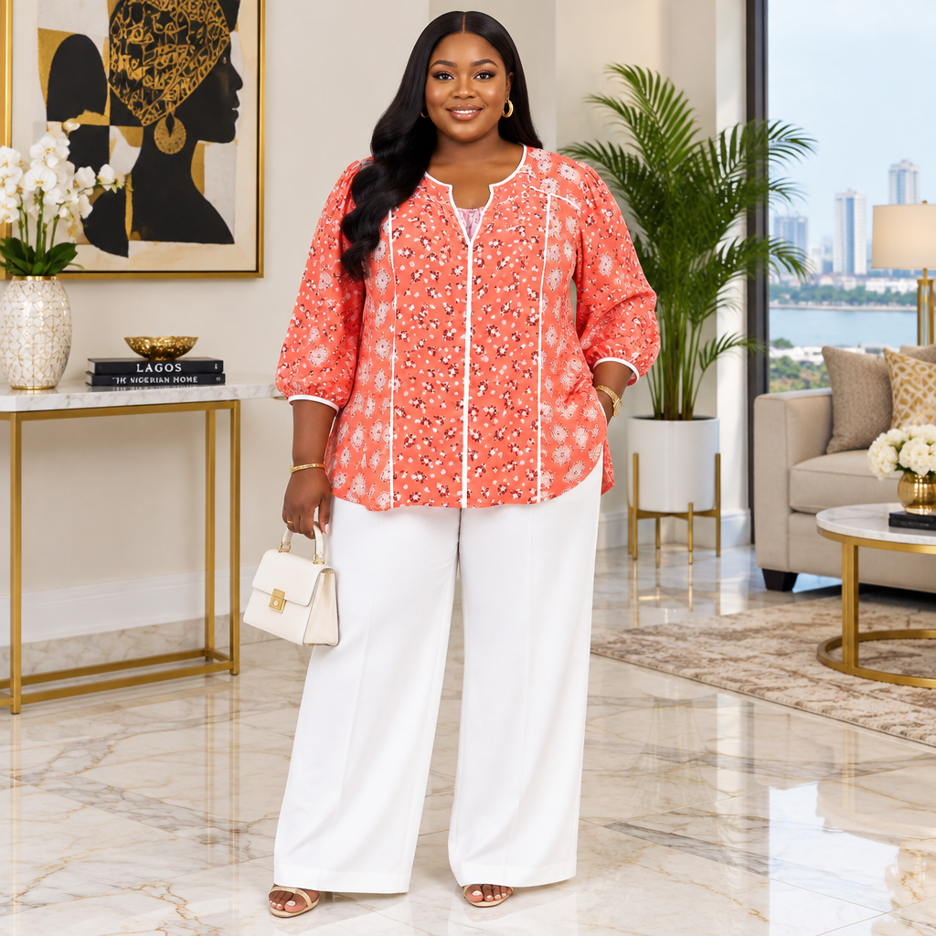 Model wearing coral floral piped blouse