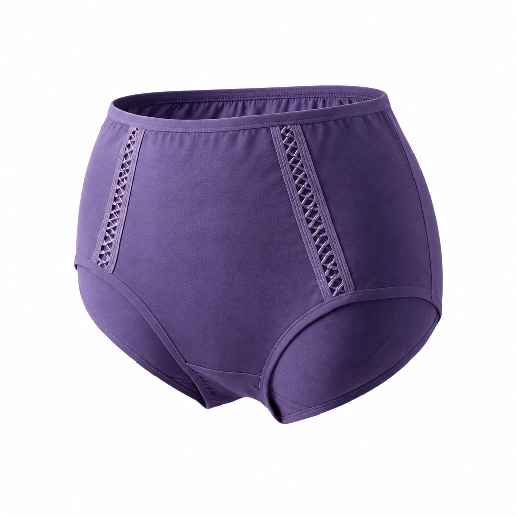 Purple high-waist briefs with criss-cross trim