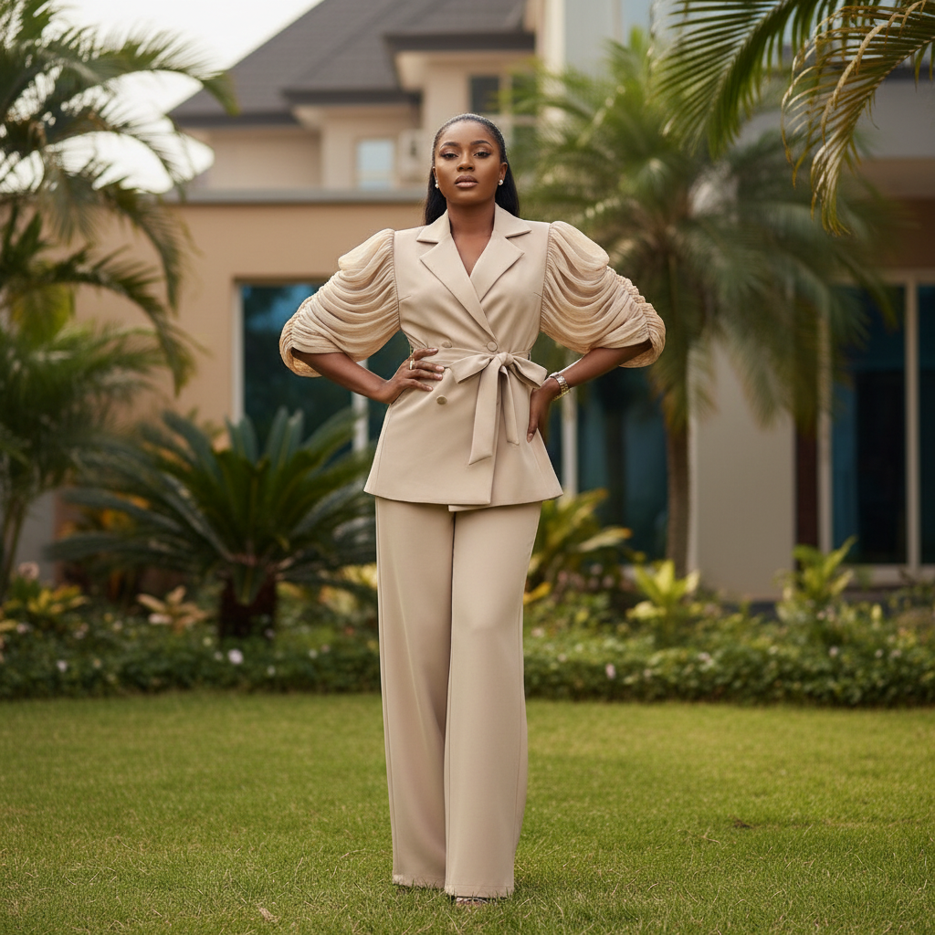 Beige Ruched Sleeve Peplum Blazer Set - Front Model View