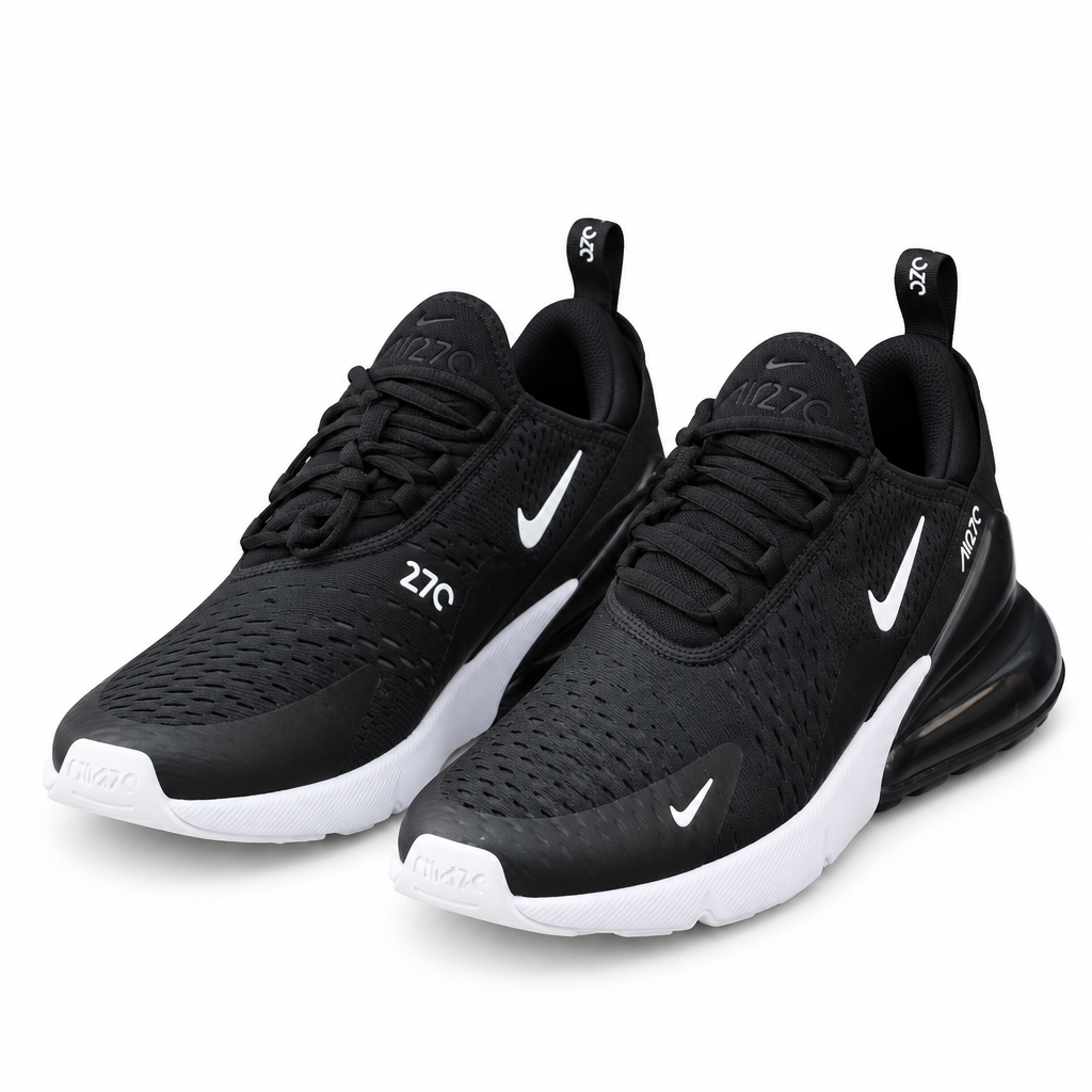 Black mesh lace-up sneakers with white forefoot soles and dark heel units