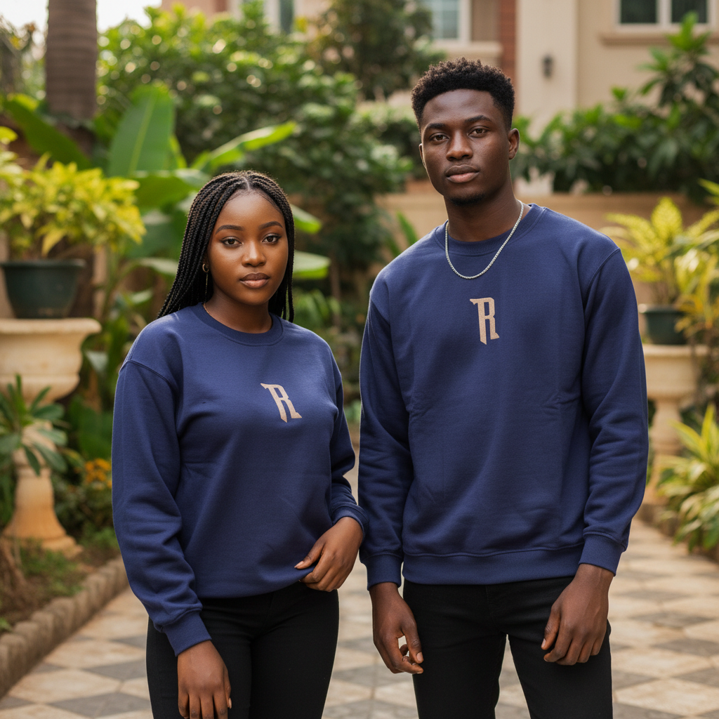 Unisex Navy Blue Monogram Graphic Crew-Neck Sweatshirt – Nigerian Female and Male Models