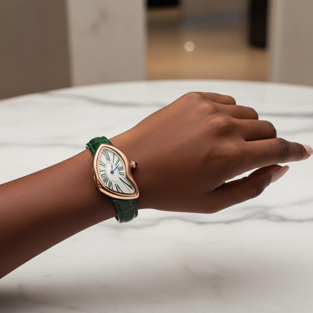 Black Nigerian woman wrist shot wearing asymmetric rose gold watch with green strap
