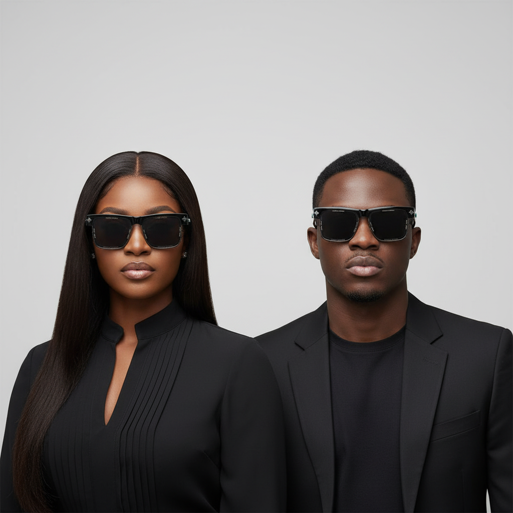 Nigerian female with sleek weavon and male model wearing oversized black square sunglasses with silver rim – editorial medium shot professional grey background