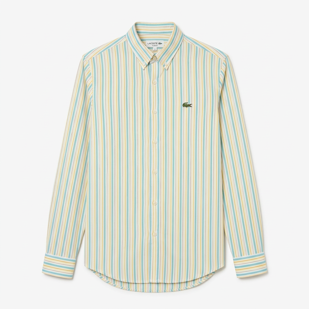 Men’s pastel multicolour striped long-sleeve shirt, generated ghost mannequin view