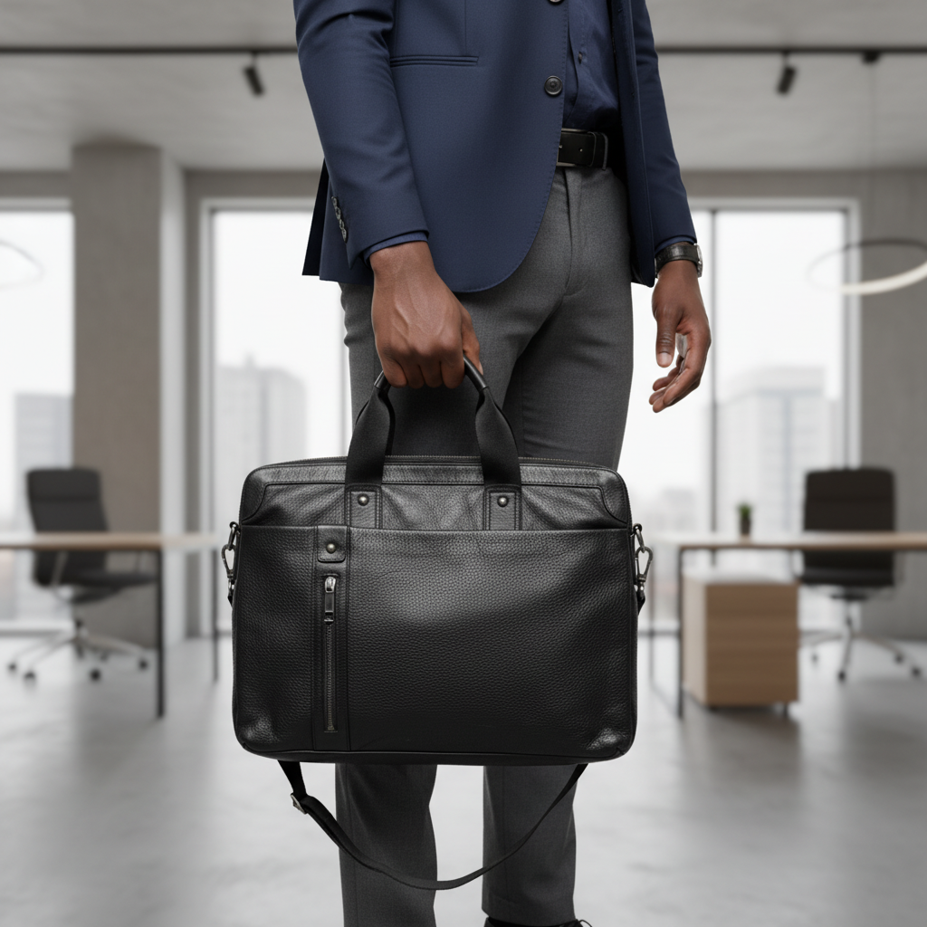 Sobar black leather laptop briefcase carried by Black Nigerian professional in office