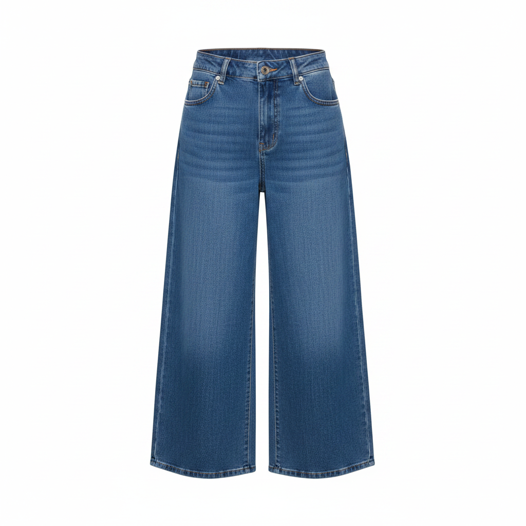 Medium Blue Wide-Leg Denim Culottes – Front Ghost Mannequin