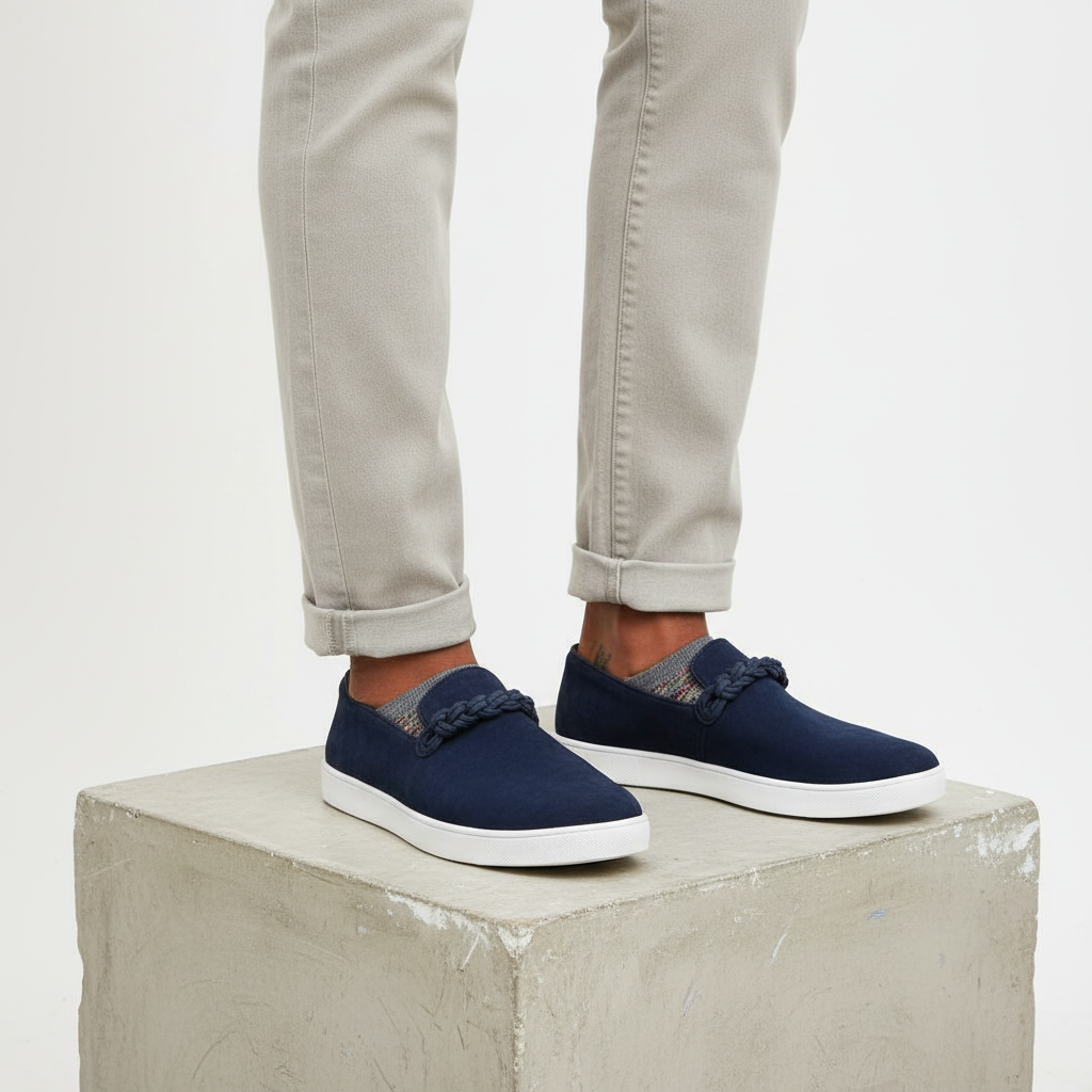 Leg focus shot of Nigerian male wearing navy blue suede slip-on loafers showing both feet