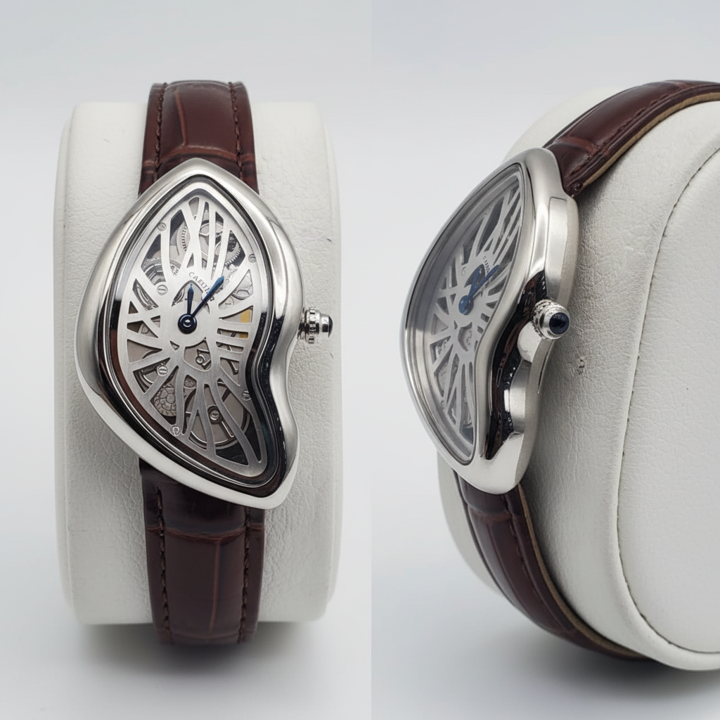 Asymmetric silver skeleton dial watch with dark brown strap front and side view