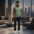 Nigerian model wearing olive green circle dot jacquard polo shirt