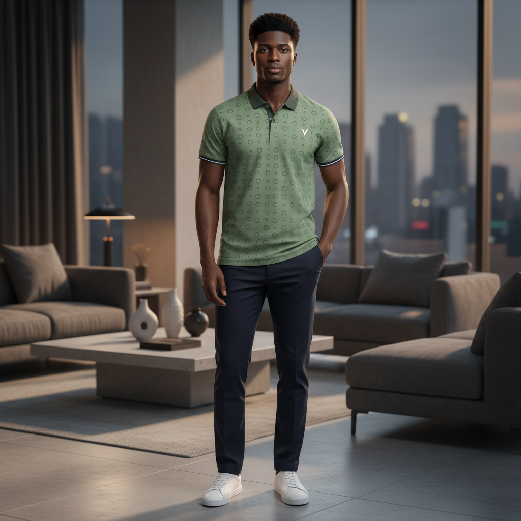 Nigerian model wearing olive green circle dot jacquard polo shirt