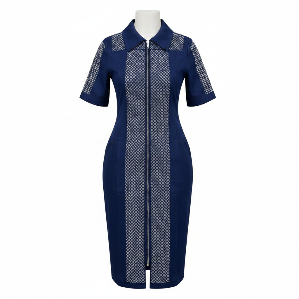Navy Blue Rhinestone Panel Zip Midi Dress – Front Ghost Mannequin