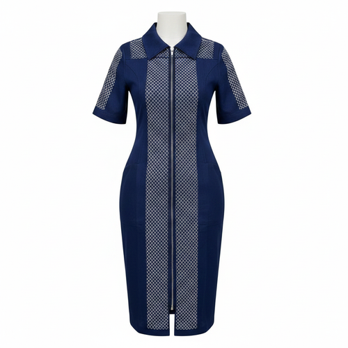 Navy Blue Rhinestone Panel Zip Midi Dress – Front Ghost Mannequin
