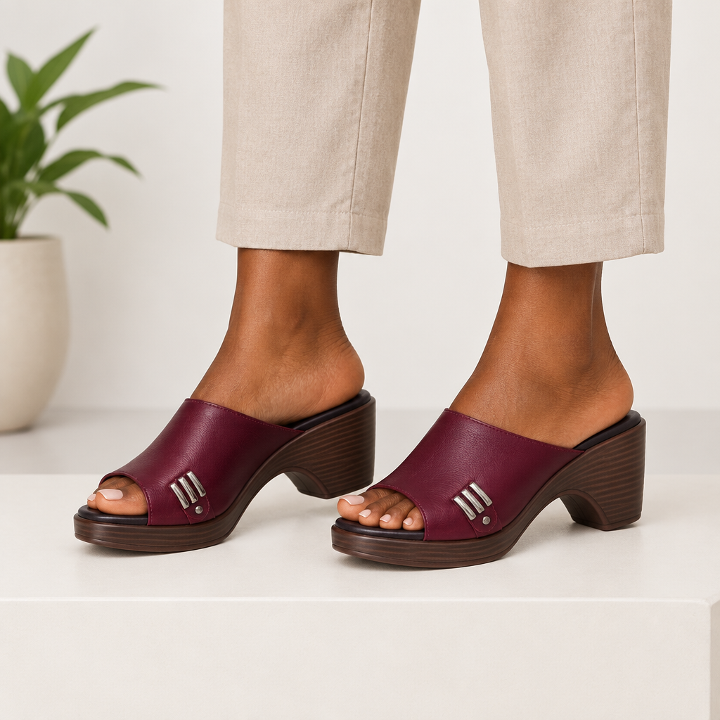 Model wearing maroon platform clog mules, complete pair shown on both feet