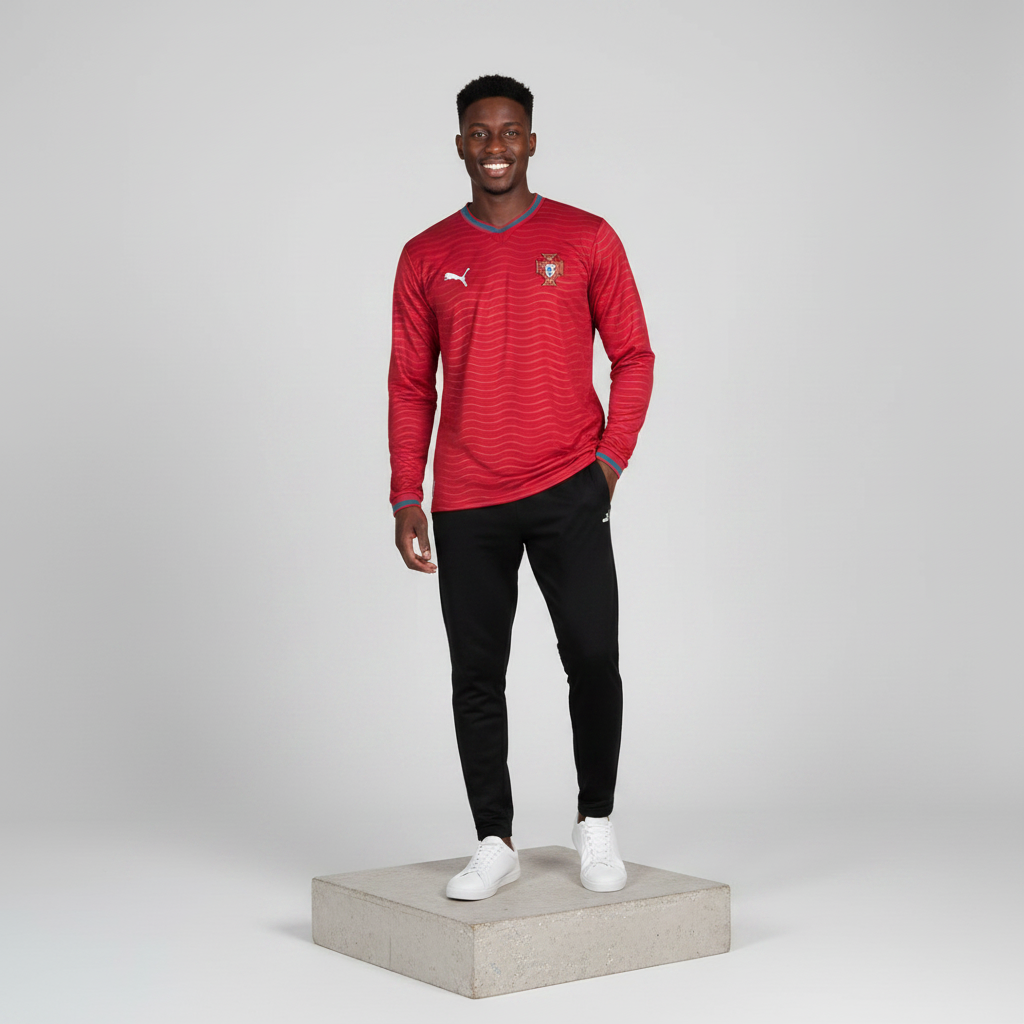 Nigerian male model wearing crimson red wave texture long sleeve football jersey on concrete plinth