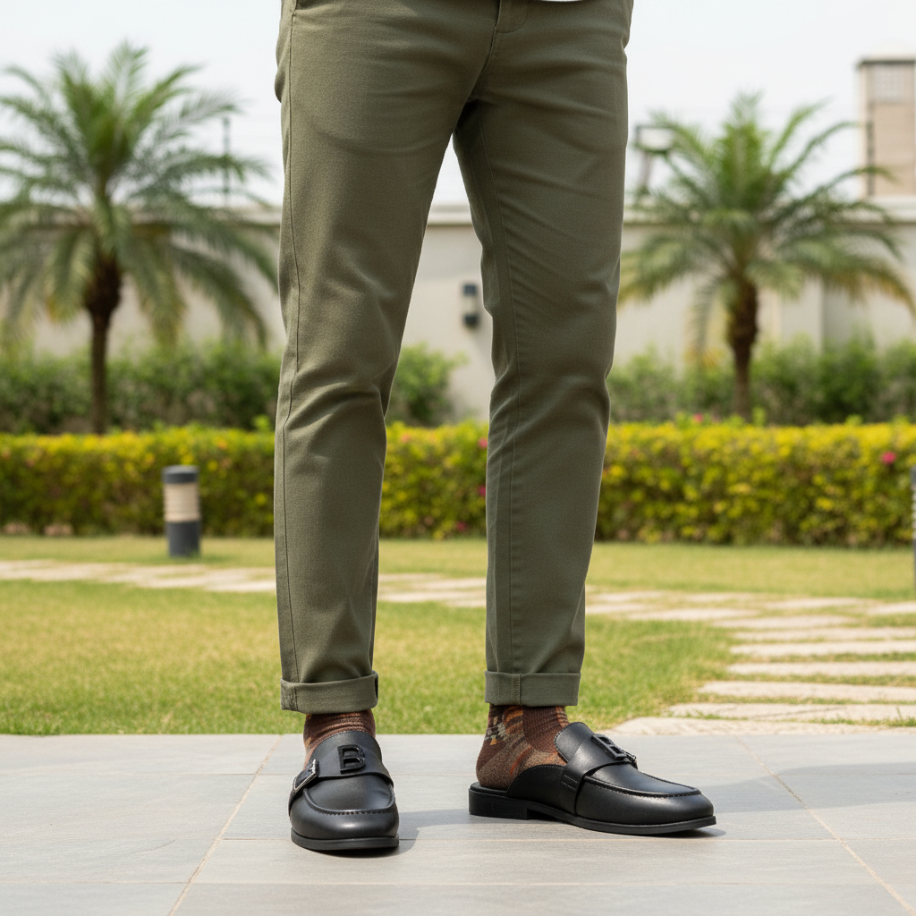 Nigerian male model wearing black logo buckle mule shoes leg focus shot