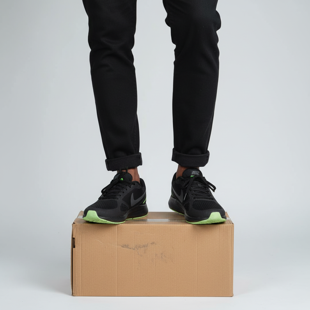 Men's all-black athletic running sneakers with lime green outsole Nigerian male model leg shot
