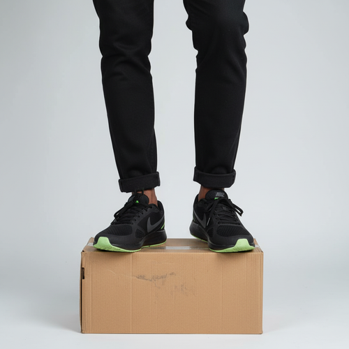 Men's all-black athletic running sneakers with lime green outsole Nigerian male model leg shot