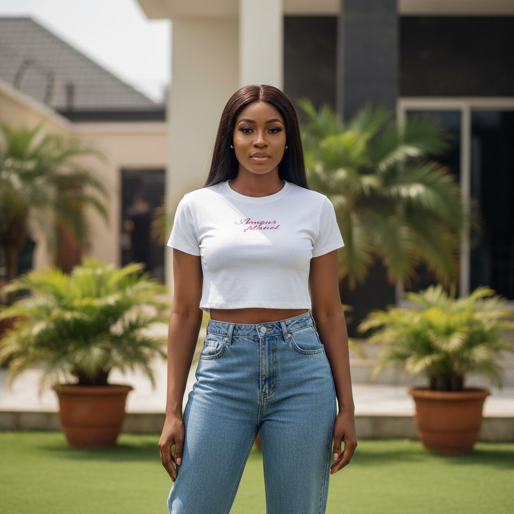 Women's White Cursive Script Crop Top — Model Shot