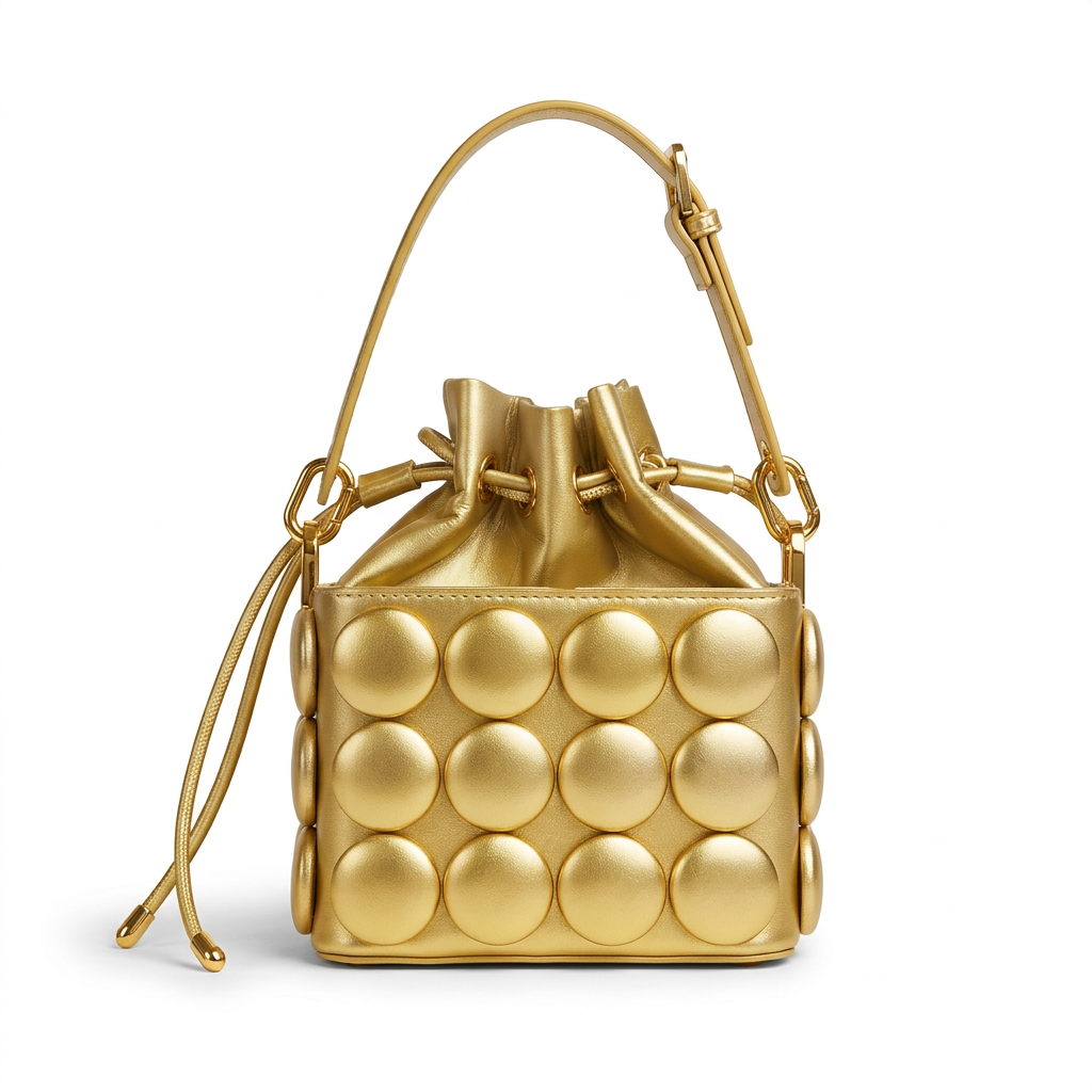 Front view of metallic gold circle-appliqué drawstring bucket bag