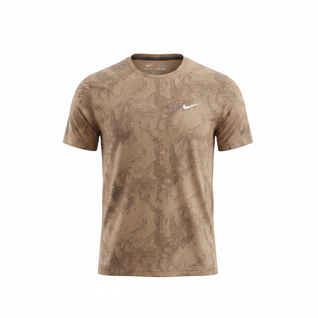 Men's sandy brown abstract camo print athletic tee – ghost mannequin front view
