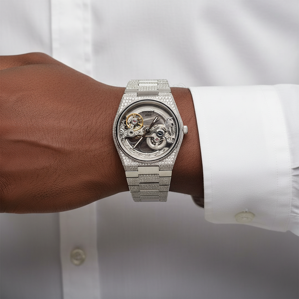 Nigerian male model wrist shot — silver iced-out diamond skeleton watch