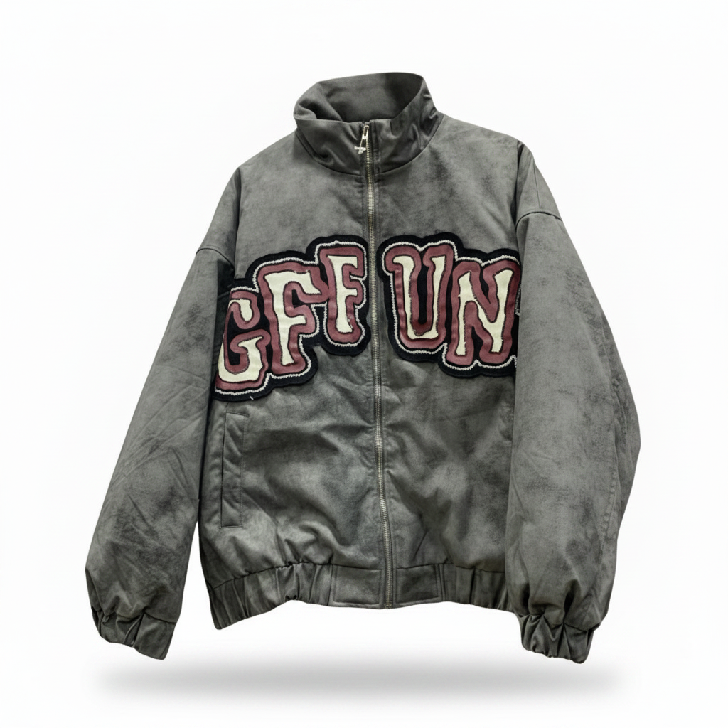 Washed grey varsity patch bomber jacket front view
