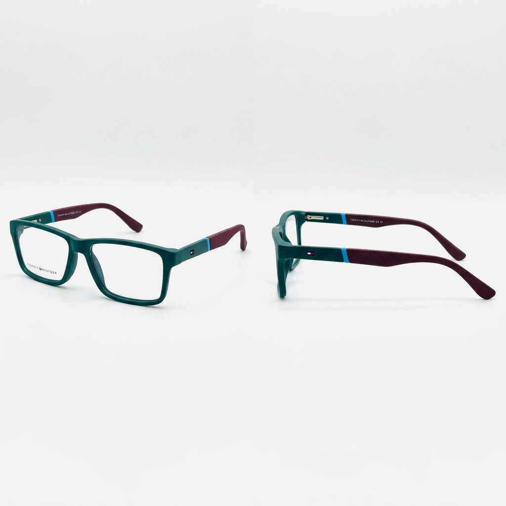 Teal rectangular clear-lens eyeglasses with burgundy arms and blue accents, front and side views