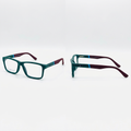 Teal rectangular clear-lens eyeglasses with burgundy arms and blue accents, front and side views