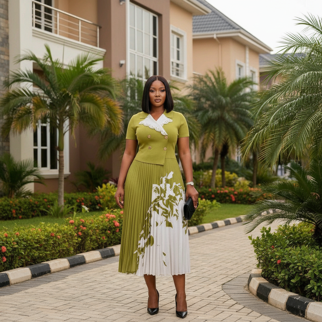 Women's olive green botanical print lace collar pleated midi gown – Nigerian model lifestyle shot