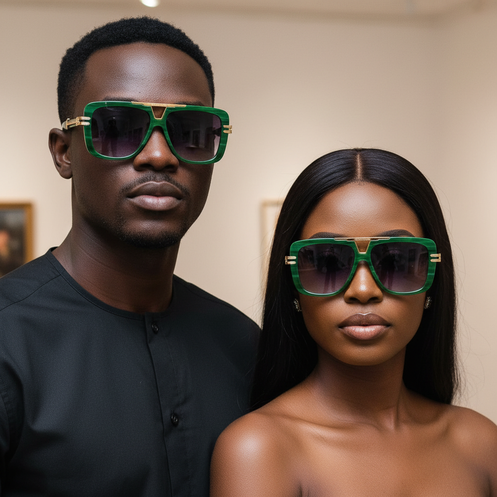 Nigerian male and female models wearing oversized square flat-top sunglasses green marble frame gradient grey purple lens gold hardware
