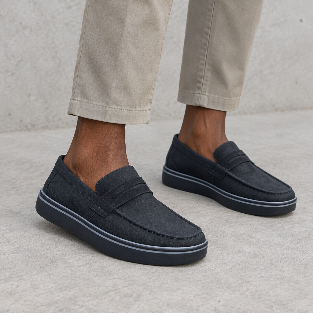 Black slip-on loafers worn on both feet