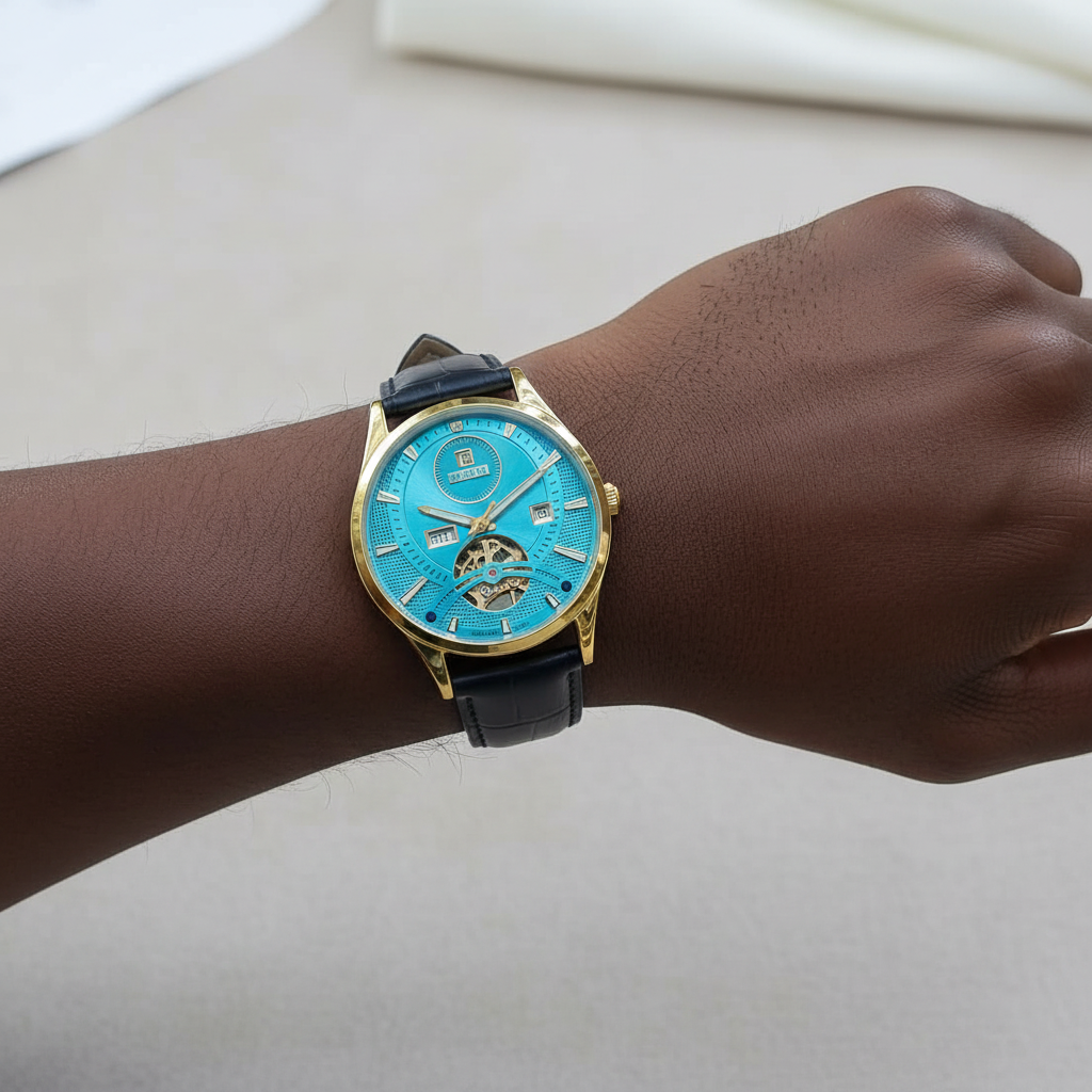 Gold-tone open-heart watch with vivid blue dial and dark navy textured strap worn on a Black man’s wrist