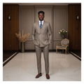Khaki double-breasted suit on Nigerian male model