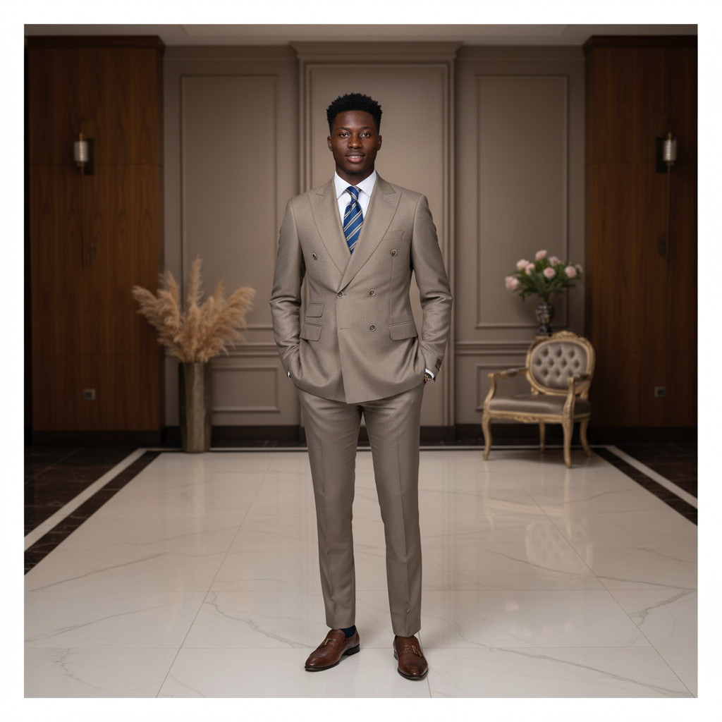 Khaki double-breasted suit on Nigerian male model
