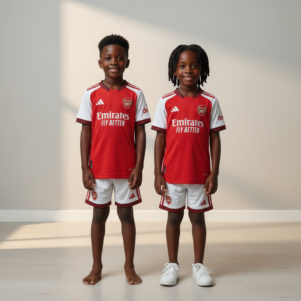 Black Nigerian boy and girl wearing Arsenal FC kids football kit