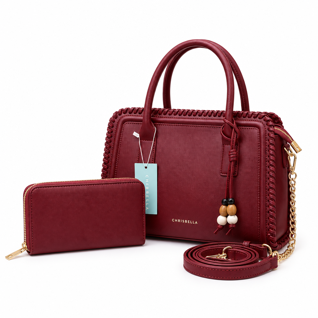 Burgundy woven-edge handbag and matching zip purse on white background