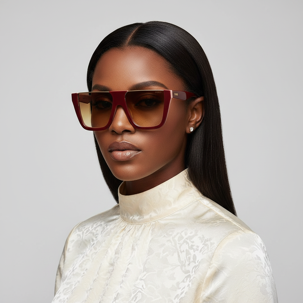 Nigerian female model with sleek weavon wearing oversized flat-top burgundy blush two-tone square sunglasses with gradient amber lens – editorial medium shot professional grey background