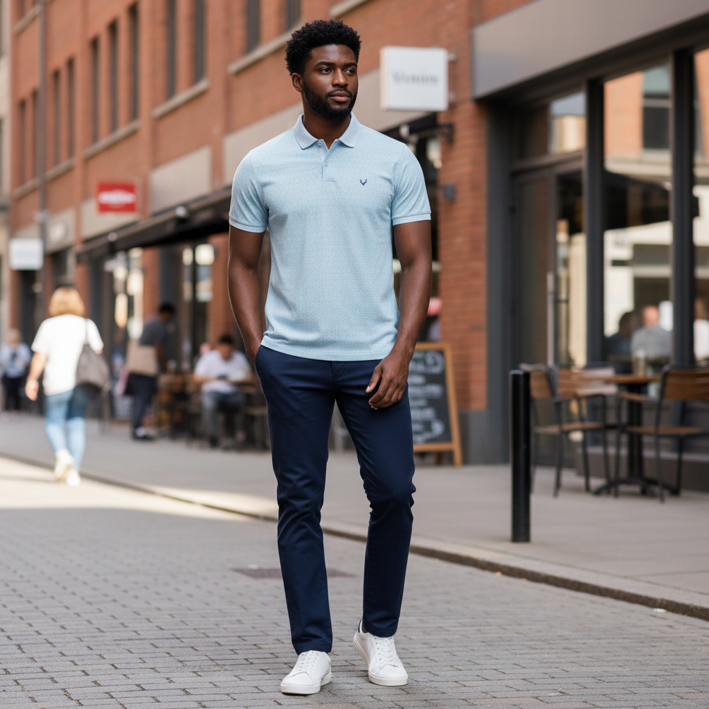Young Nigerian male model wearing sky blue classic pique polo shirt
