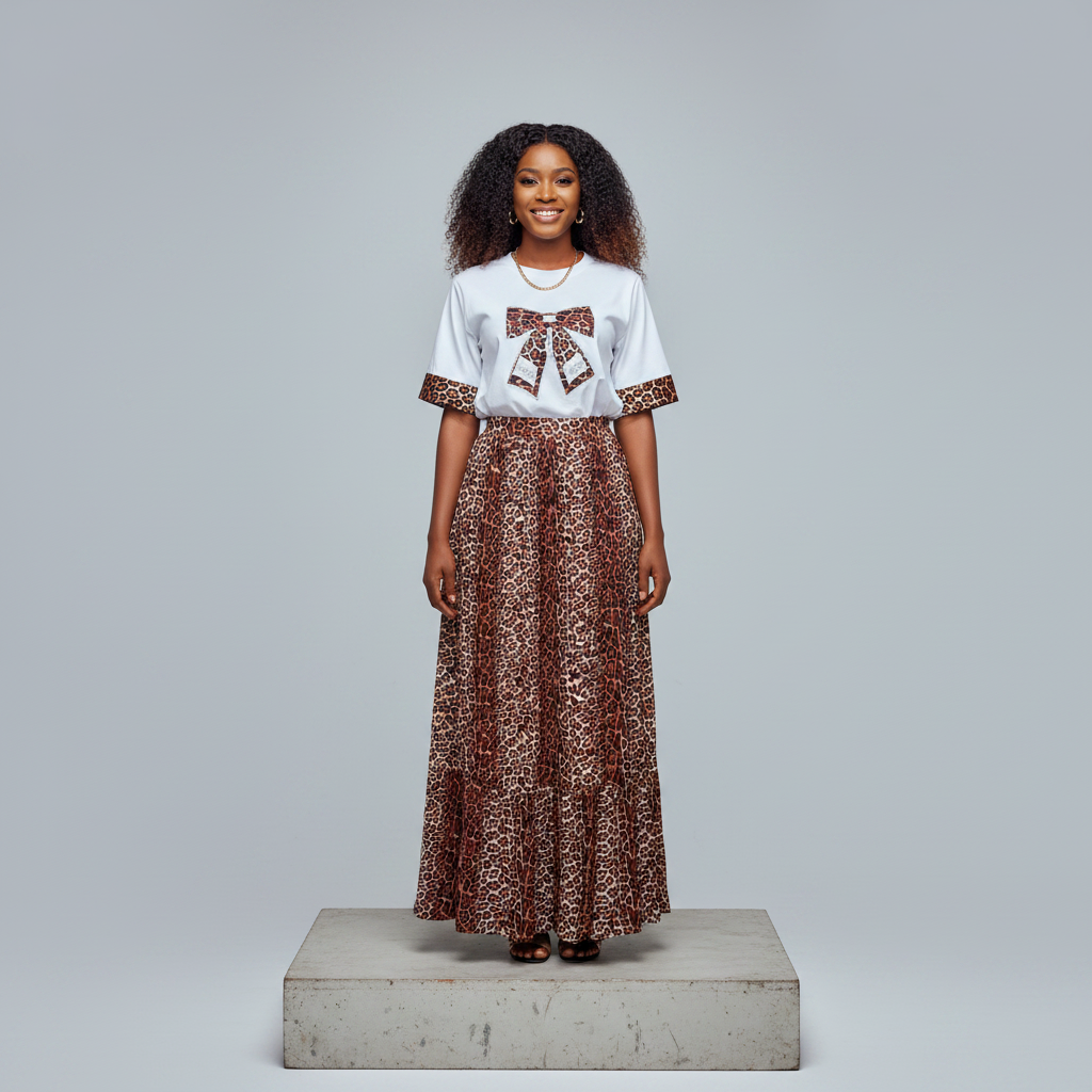 Nigerian female model wearing White Leopard Bow Print Co-ord Set - front view