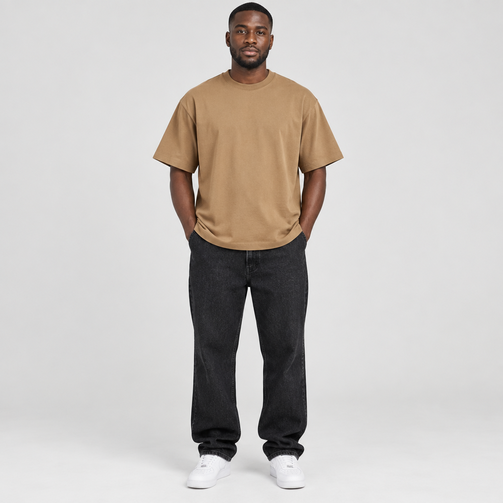 Man wearing plain tan crew-neck T-shirt