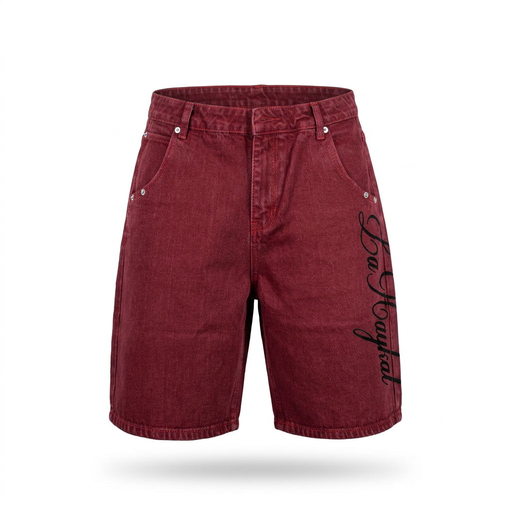 Washed burgundy denim shorts with black script detail shown in a dimensional ghost view on white