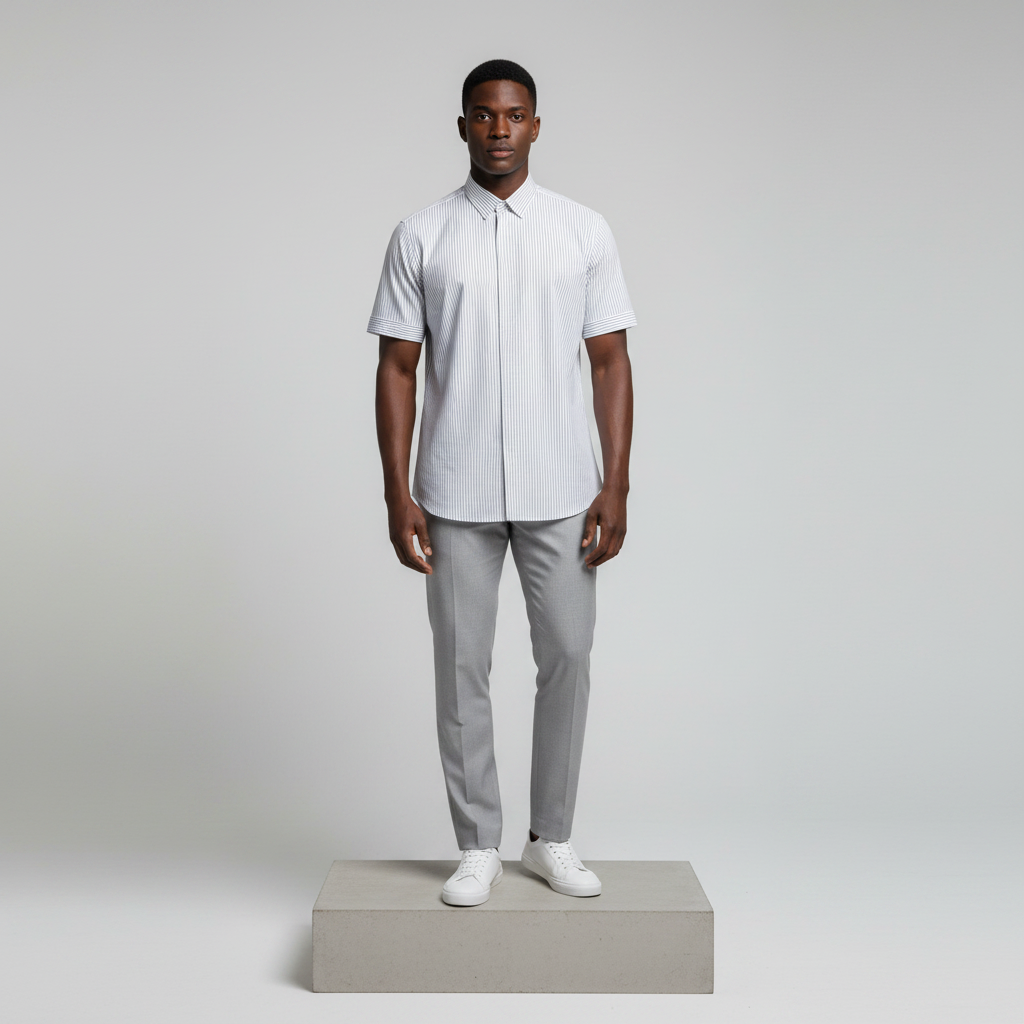 White Navy Pinstripe Short-Sleeved Shirt - Model Front View