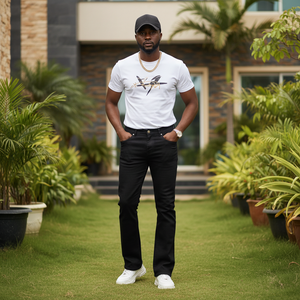Nigerian male model wearing black flare jeans outdoors