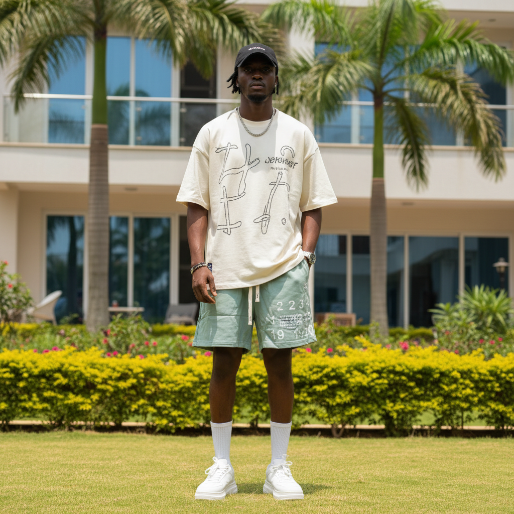 Nigerian male model wearing sage green number graphic sweat shorts — full body streetwear shot