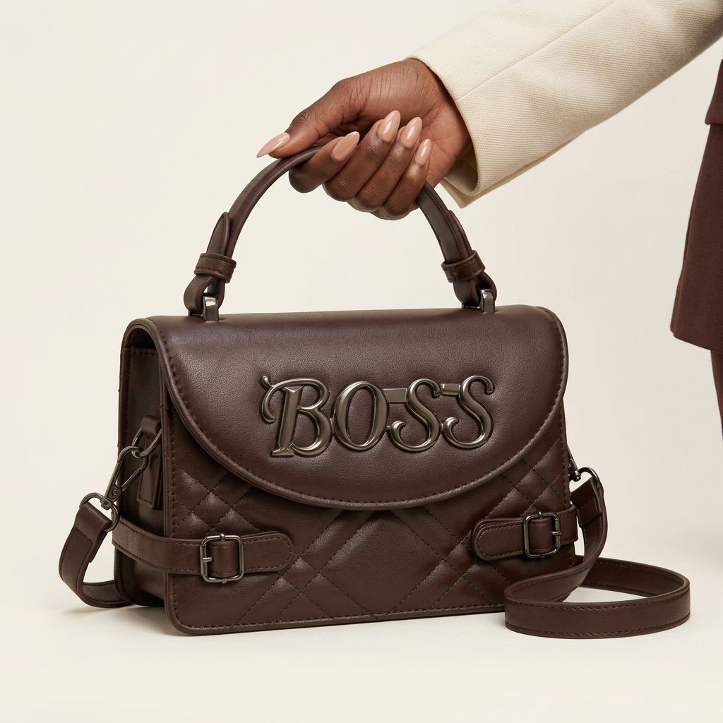 Chocolate-brown quilted handbag held by a Black woman's hand with nude-painted nails and cream sleeve