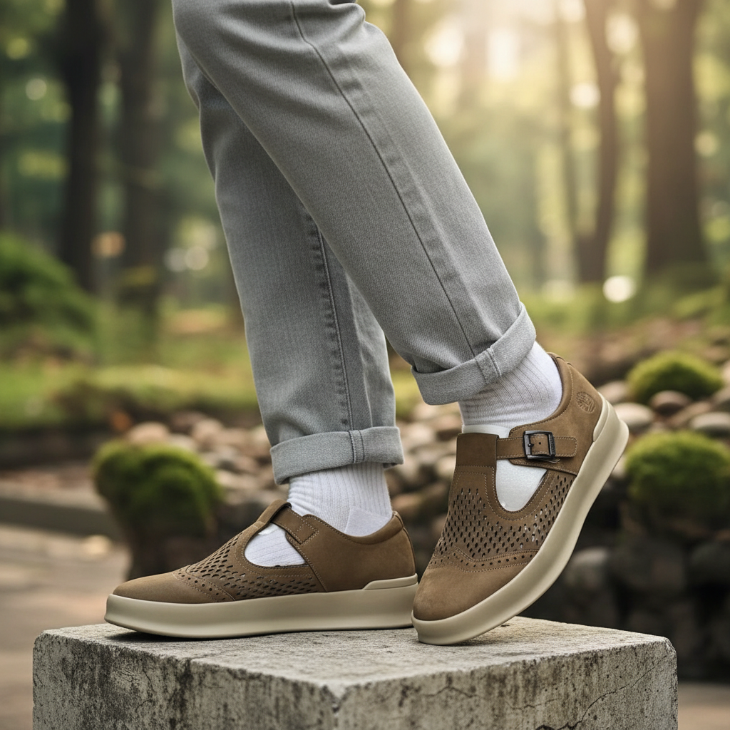 Model wearing olive nubuck perforated T-bar buckle slip-on shoes leg shot