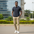 Navy Blue Grey Striped Collar Polo - Model Shot