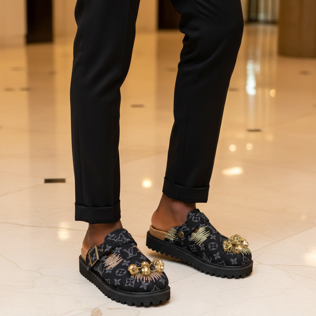 Nigerian male model wearing black monogram canvas rhinestone toe mule clogs, tight zoomed-in luxury streetwear leg focus lifestyle shot